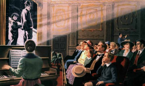 Illustration of an audience watching a silent film