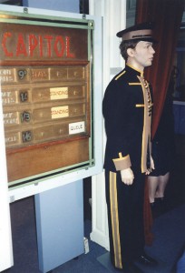 Seating indicator and usher's uniform on display at the Alpha to Odeon exhibition in St. Albans