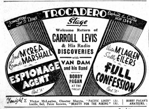 A black-and-white advertisement for a full programme on stage at the Trocadero, Elephant and Castle, featuring Carroll Levis