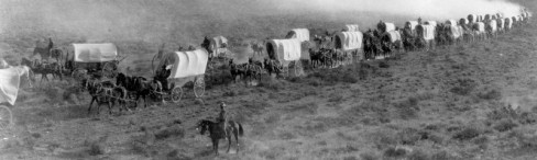 Wagon train, still from early Western The Covered Wagon