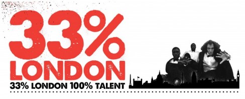 Logo for 33% London 100% Talent festival featuring young actors above London skyline