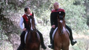 William Shatner and Patrick Stewart on horseback in Star Trek: Generations