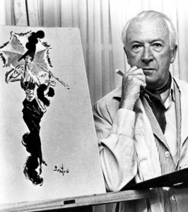 Cecil Beaton posing next to costume design