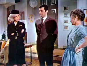 Suzanna Leigh, Tony Curtis and Thelma Ritter in a still from the film Boeing, Boeing (1965)